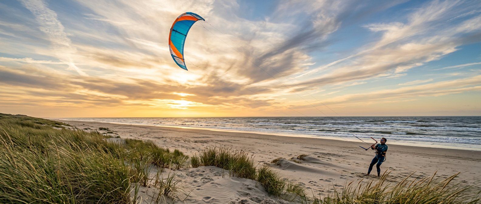 Powerkite die bij gouden licht boven een Nederlands strand vliegt