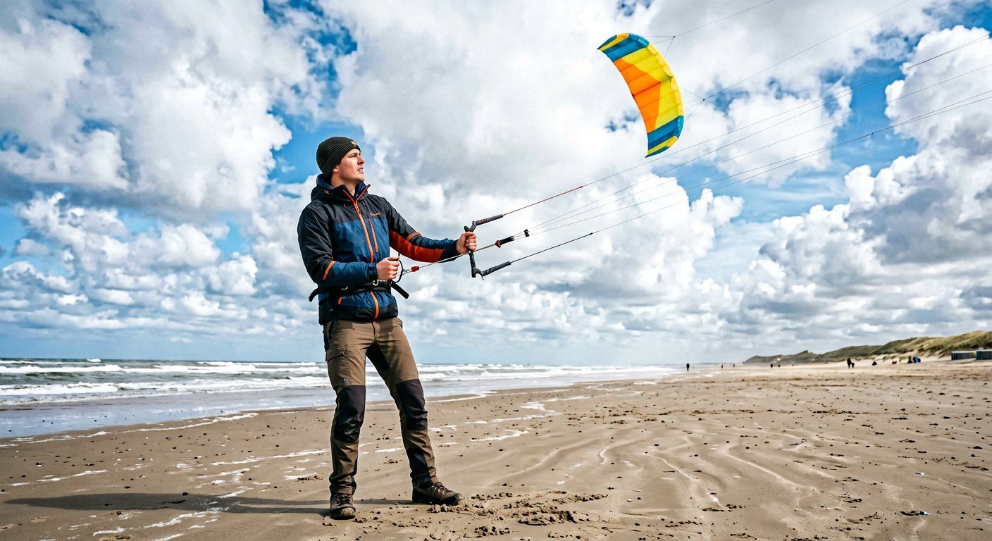 Beginner die op een breed strand leert powerkiten met een vierlijns kite