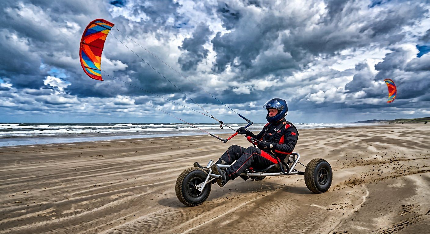 Kitebuggy met rijder op een breed strand, voortgetrokken door een powerkite