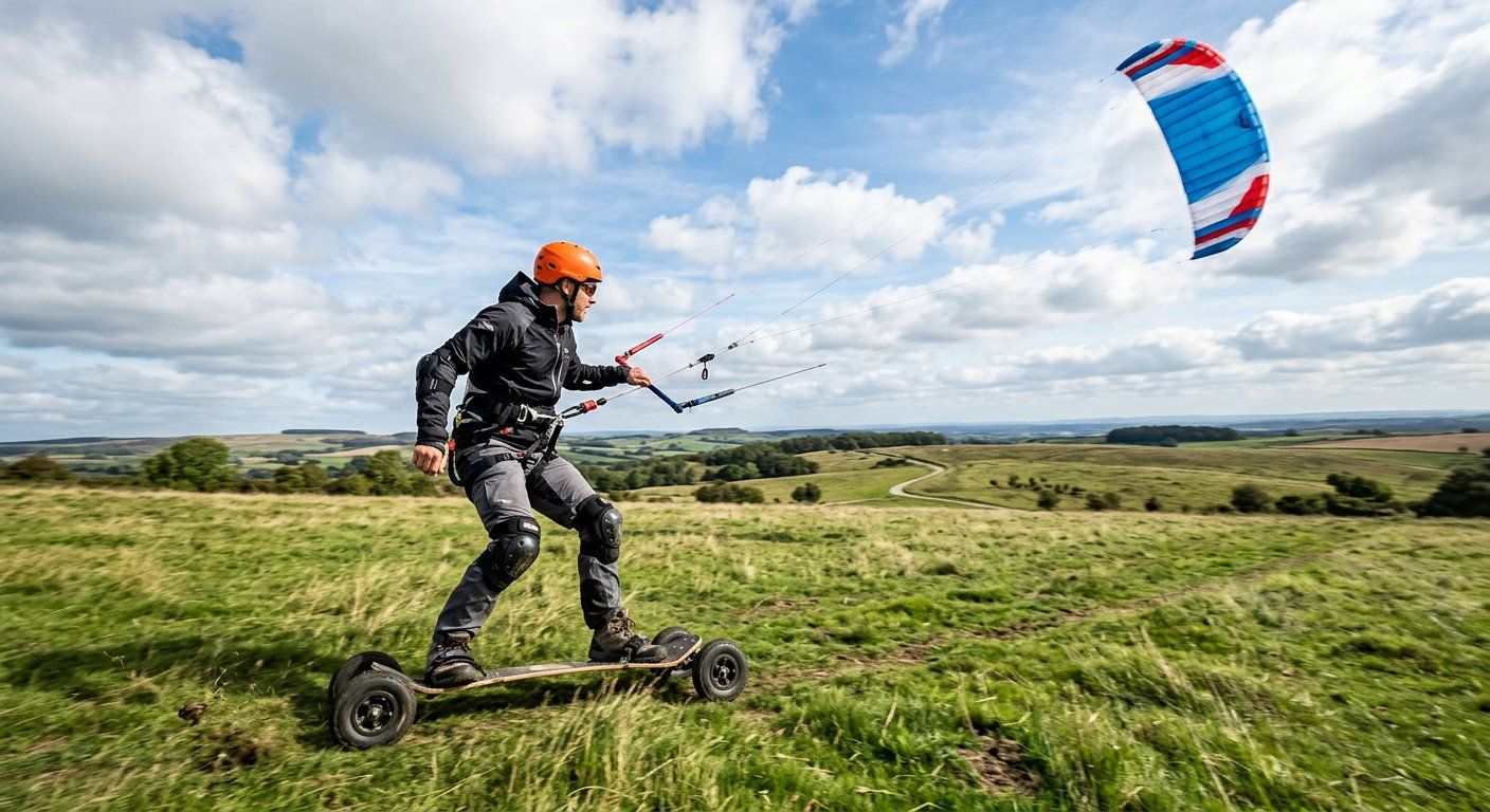 Landboarder met helm die door een powerkite over een veld wordt getrokken