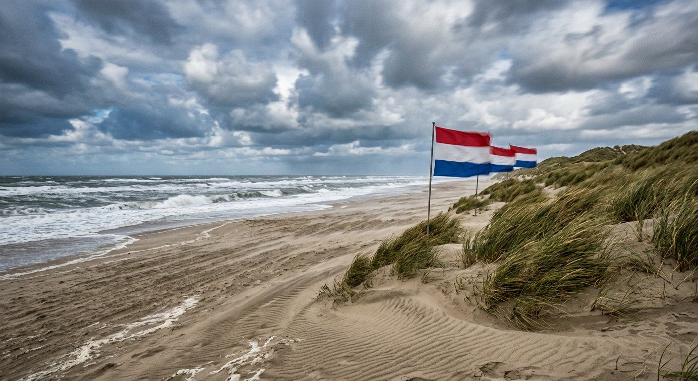 Windering Nederlands strand met buigend helmgras, rimpels in het zand en strak wapperende vlaggen